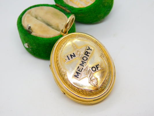 Victorian 9ct Gold Back & Front Enamel 'In Memory Of' Mourning Locket Antique c1860