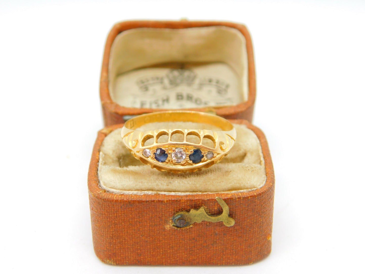 Victorian 18ct Yellow Gold, Sapphire & Diamond Boat Ring Antique 1864 Birmingham