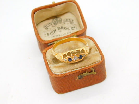 Victorian 18ct Yellow Gold, Sapphire & Diamond Boat Ring Antique 1864 Birmingham