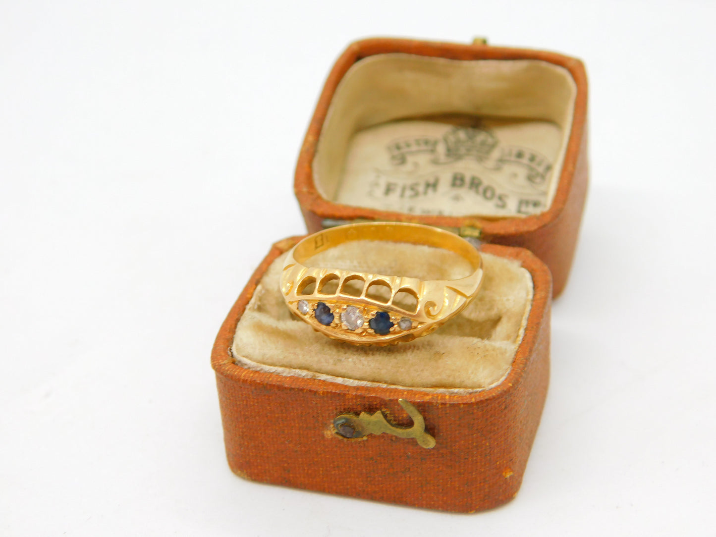 Victorian 18ct Yellow Gold, Sapphire & Diamond Boat Ring Antique 1864 Birmingham