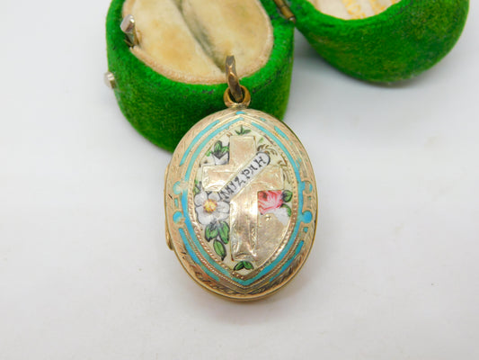 Victorian 9ct Gold Back & Front Enamel 'Mizpah' Sweetheart Locket Antique c1860