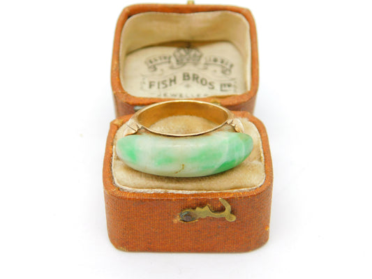 Victorian 14ct Gold Apple Green Jade Curved Dress Ring Antique c1880