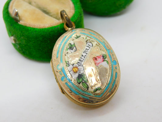 Victorian 9ct Gold Back & Front Enamel 'Mizpah' Sweetheart Locket Antique c1860