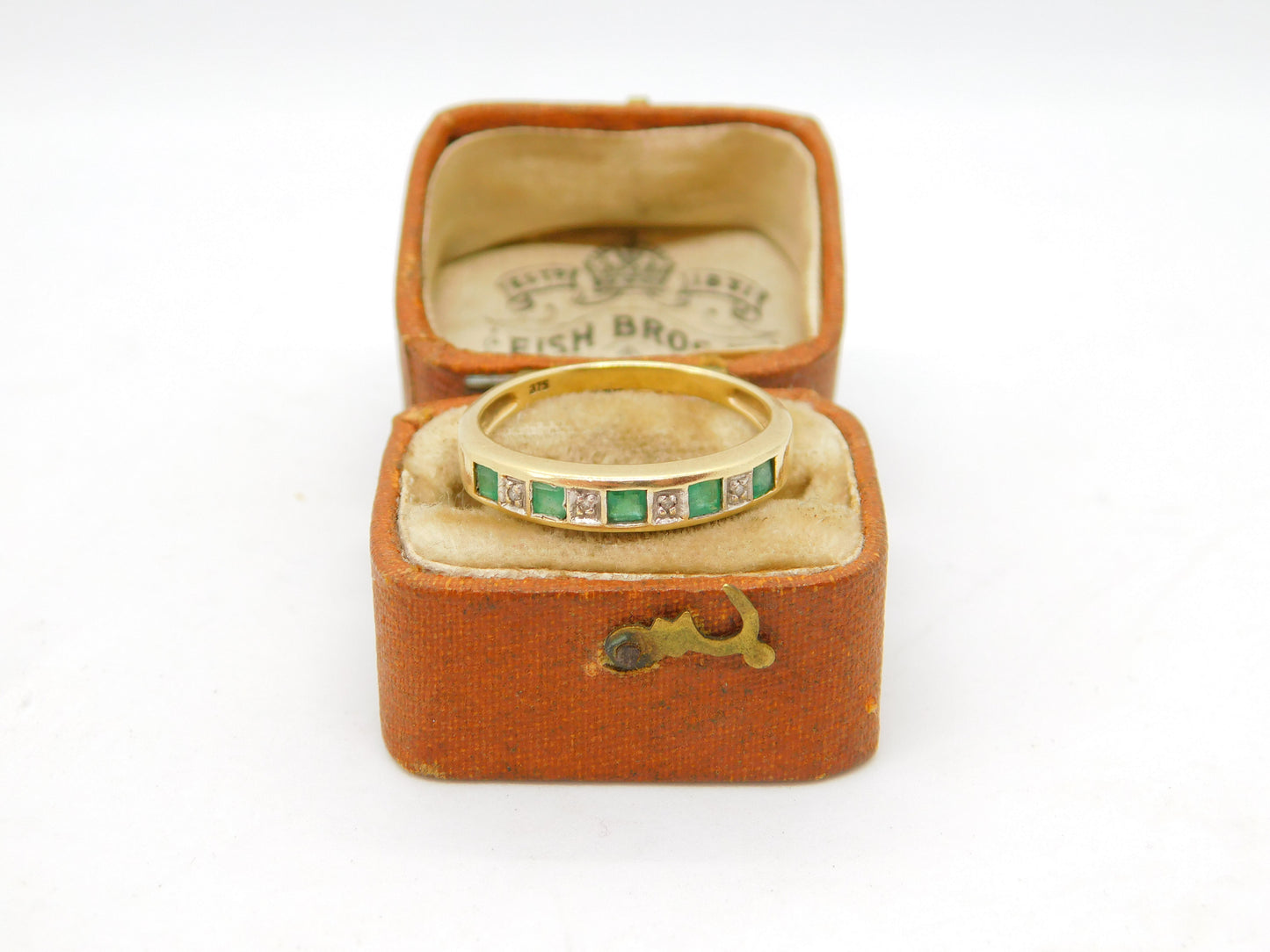 9ct Yellow Gold, Emerald & Diamond Set Half Eternity Band Ring Vintage c1970