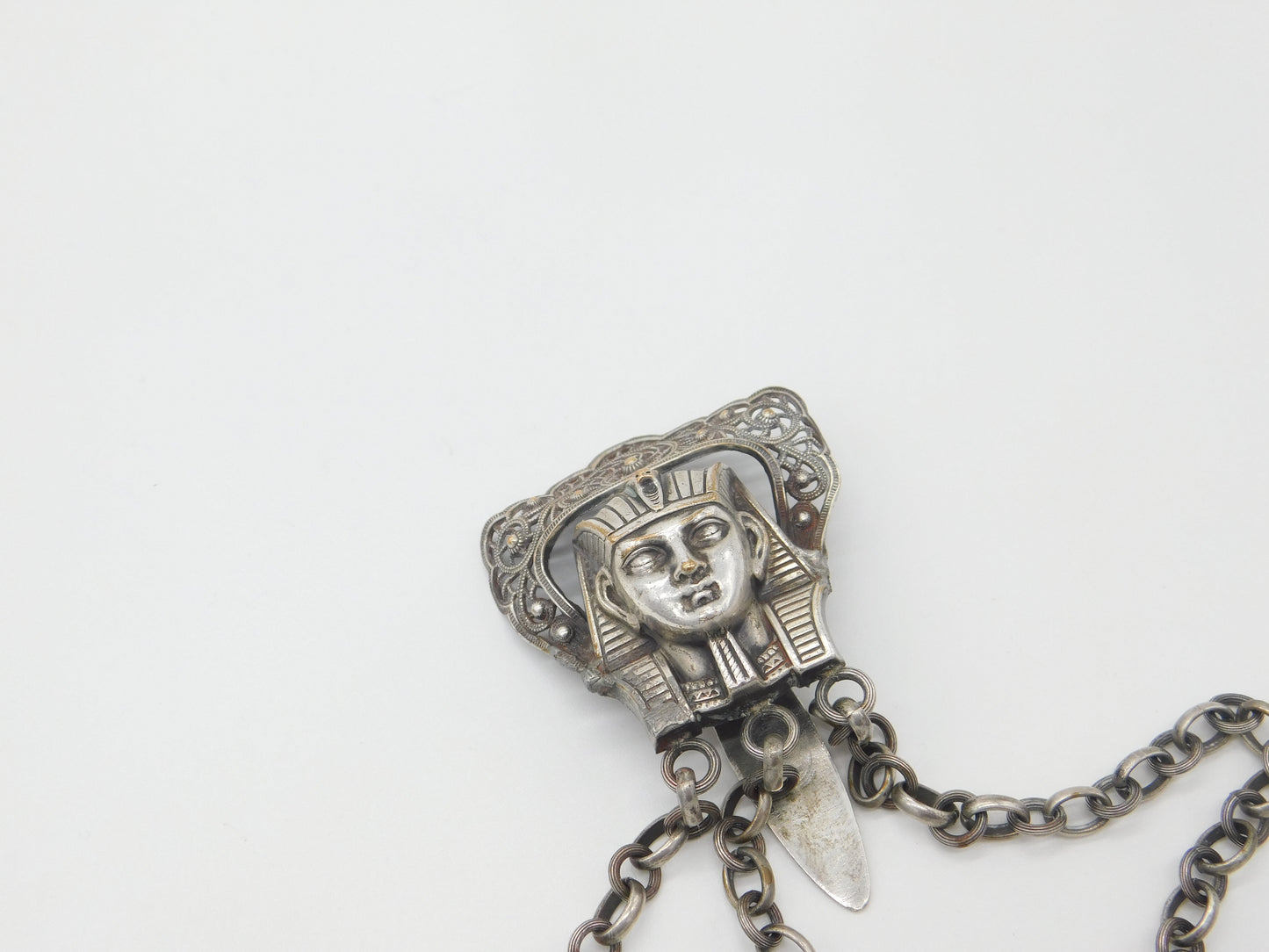 Antique Egyptian Pharaoh Form White Metal Sewing Chatelaine Antique c1920 Deco