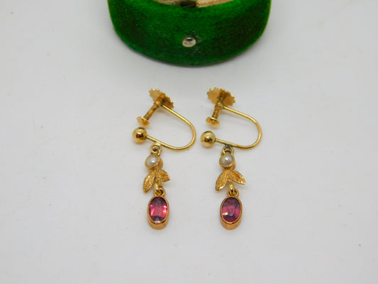 Edwardian 9ct Gold, Garnet & Seed Pearl Screw Back Drop Earrings Antique c1910