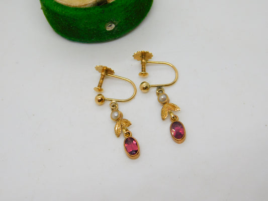 Edwardian 9ct Gold, Garnet & Seed Pearl Screw Back Drop Earrings Antique c1910