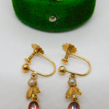 Edwardian 9ct Gold, Garnet & Seed Pearl Screw Back Drop Earrings Antique c1910