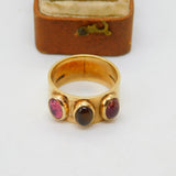 Modernist 9ct Yellow Gold Cabochon Amethyst & Citrine Band Ring 2002 London