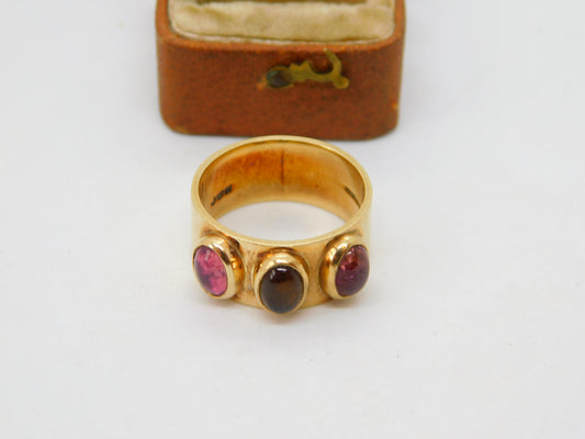 Modernist 9ct Yellow Gold Cabochon Amethyst & Citrine Band Ring 2002 London