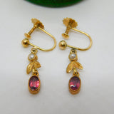 Edwardian 9ct Gold, Garnet & Seed Pearl Screw Back Drop Earrings Antique c1910
