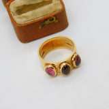 Modernist 9ct Yellow Gold Cabochon Amethyst & Citrine Band Ring 2002 London