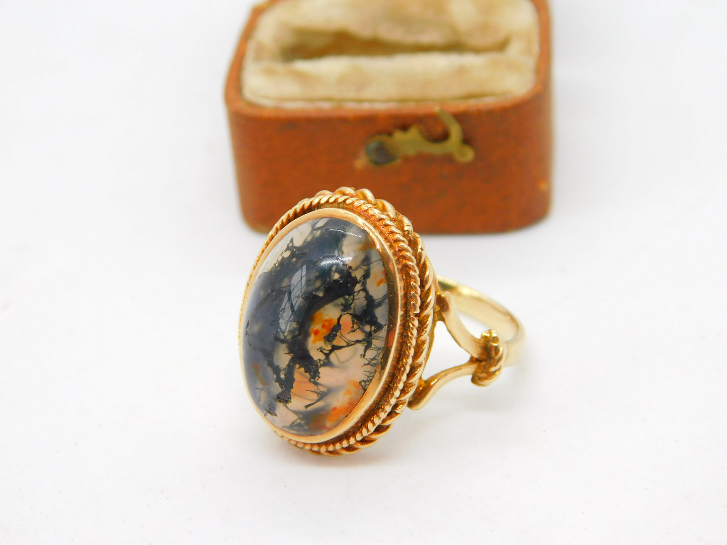 9ct Yellow Gold Cabochon Moss Agate Signet Ring 1971 London Vintage