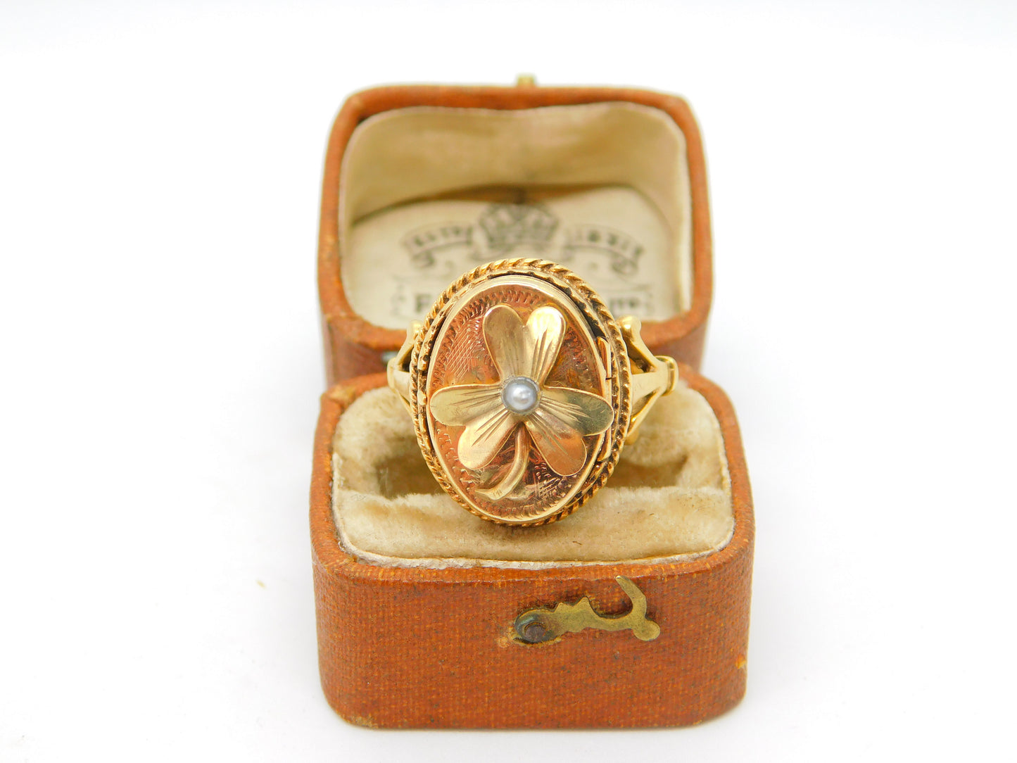 Victorian 9ct Gold Seed Pearl Shamrock Locket or Poison Ring c1880 Antique