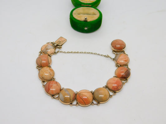 French 9ct Yellow Gold Cabochon Magnesite Panel Bracelet Vintage c1960