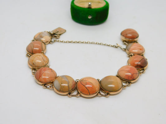 French 9ct Yellow Gold Cabochon Magnesite Panel Bracelet Vintage c1960