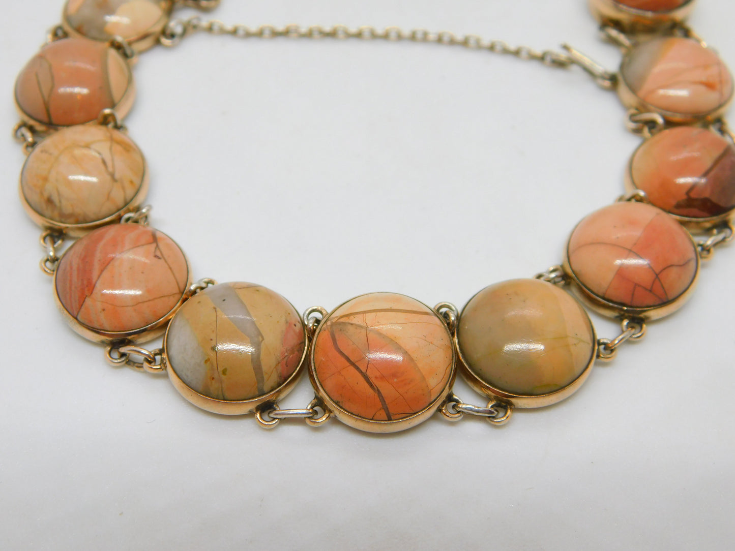 French 9ct Yellow Gold Cabochon Magnesite Panel Bracelet Vintage c1960