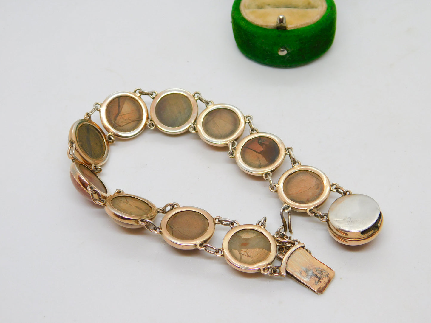 French 9ct Yellow Gold Cabochon Magnesite Panel Bracelet Vintage c1960