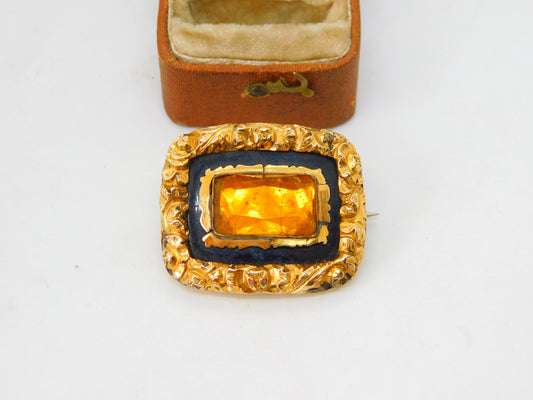 Georgian 15ct Gold Cased Citrine & Enamel Set Mourning Brooch c1820 Antique