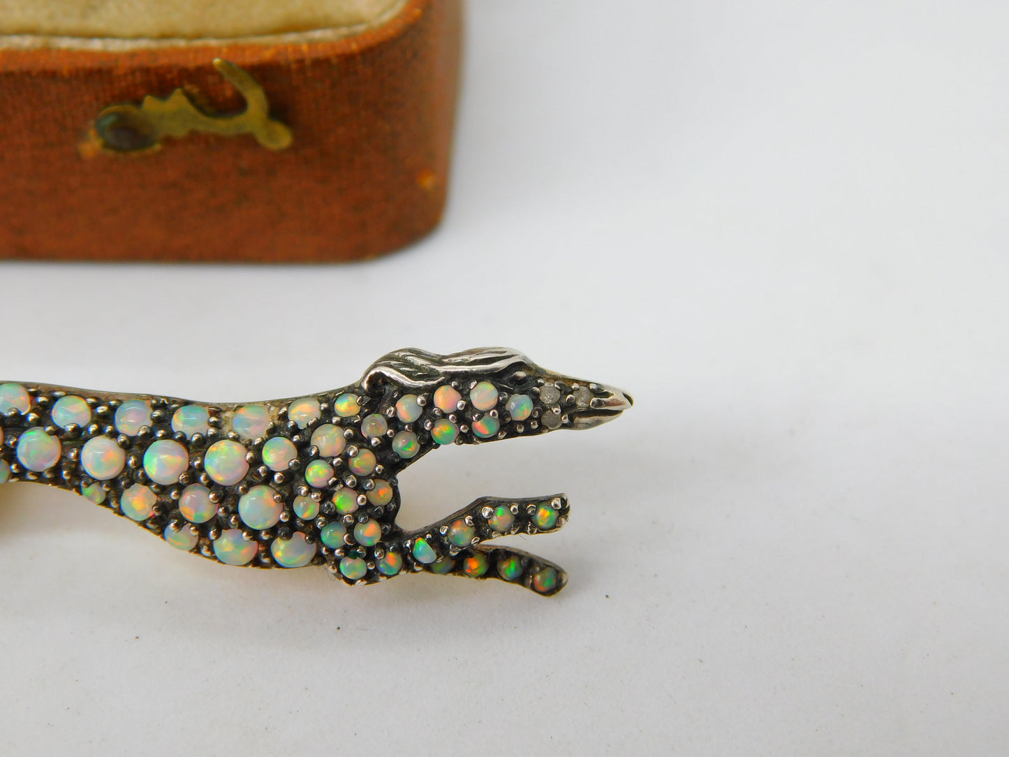 Sterling Silver Gilt Pave Set Opal & Diamond Running Greyhound Brooch Antique