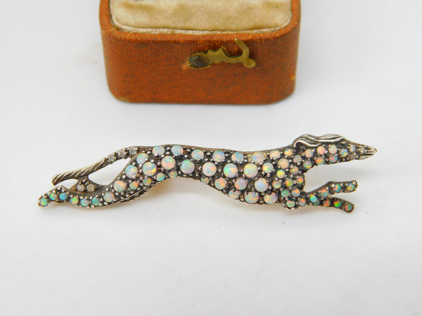 Sterling Silver Gilt Pave Set Opal & Diamond Running Greyhound Brooch Antique