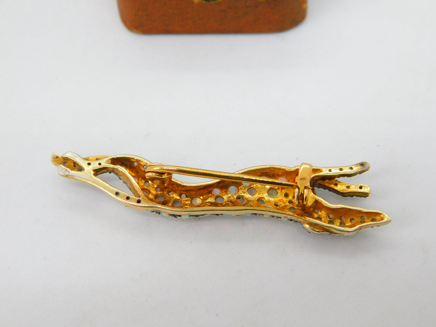 Sterling Silver Gilt Pave Set Opal & Diamond Running Greyhound Brooch Antique