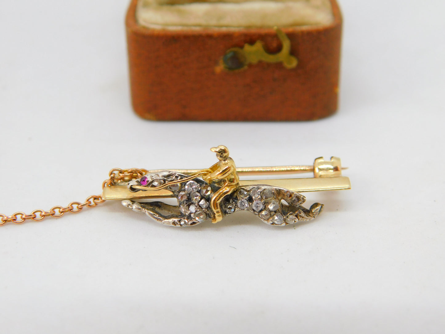 Victorian 18ct Gold, Rose Cut Diamond & Ruby Horse Racing Brooch c1860 Antique