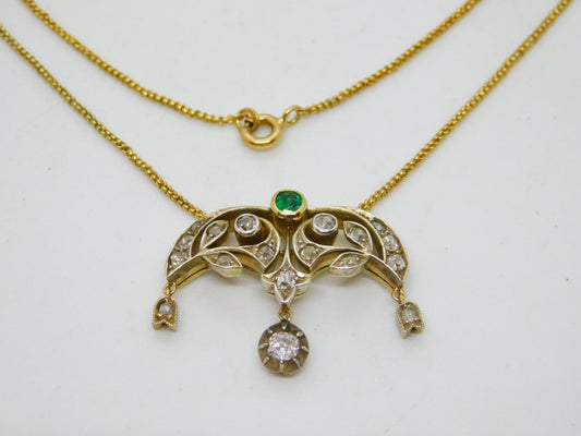 Victorian 18ct Gold, 1ct Diamond & Emerald Belle Époque Floral Pendant Necklace c1860