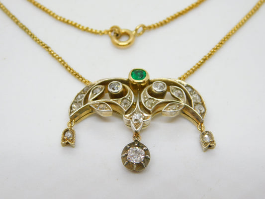 Victorian 18ct Gold, 1ct Diamond & Emerald Belle Époque Floral Pendant Necklace c1860