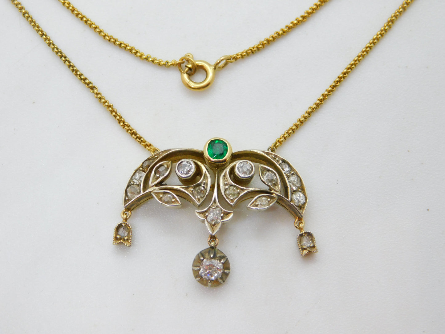 Victorian 18ct Gold, 1ct Diamond & Emerald Belle Époque Floral Pendant Necklace c1860