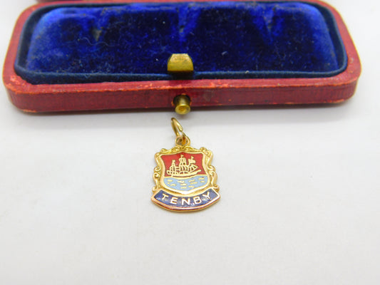 9ct Yellow Gold & Enamel Tenby Wales Souvenir Charm 1958 Mid-Century