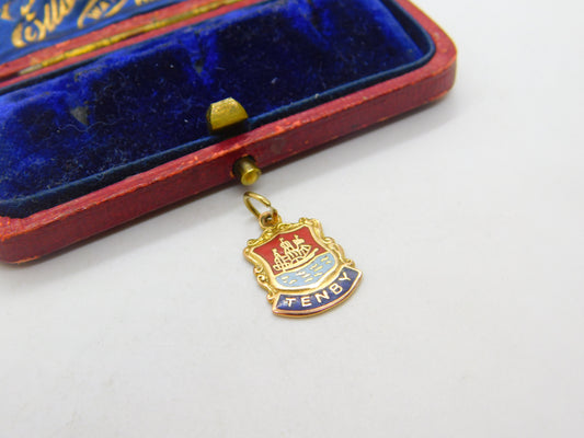 9ct Yellow Gold & Enamel Tenby Wales Souvenir Charm 1958 Mid-Century