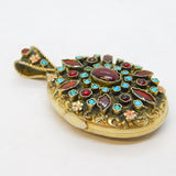19th Century Austro Hungarian .900 Silver Gilt, Garnet, Turquoise, Enamel Locket Antique c1860s