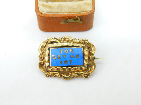 Victorian 9ct Gold Cased Blue Enamel 'For Get Me Not' Mourning Brooch Antique