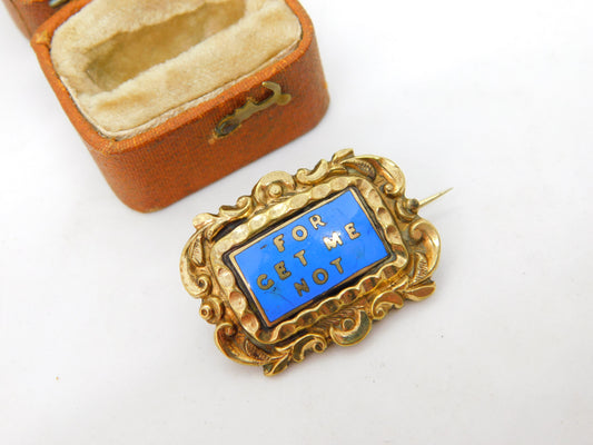 Victorian 9ct Gold Cased Blue Enamel 'For Get Me Not' Mourning Brooch Antique