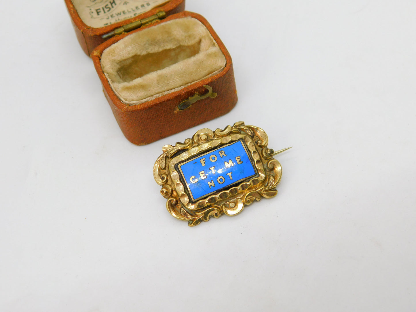 Victorian 9ct Gold Cased Blue Enamel 'For Get Me Not' Mourning Brooch Antique