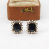 18ct Yellow Gold, Emerald Cut Sapphire & Diamond Stud Earrings Vintage c2000