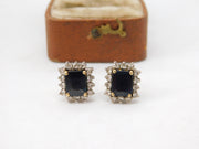 18ct Yellow Gold, Emerald Cut Sapphire & Diamond Stud Earrings Vintage c2000