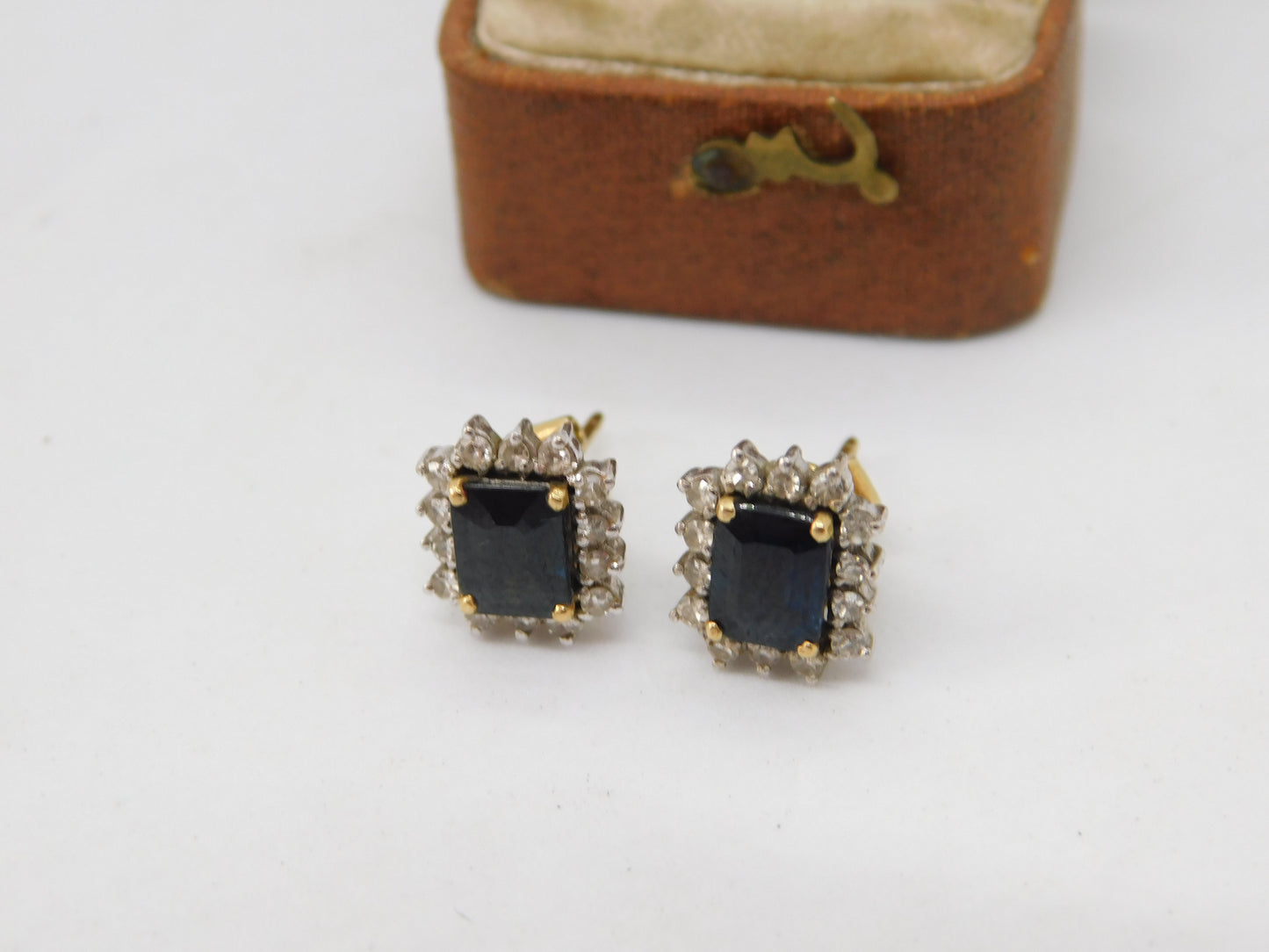 18ct Yellow Gold, Emerald Cut Sapphire & Diamond Stud Earrings Vintage c2000