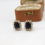 18ct Yellow Gold, Emerald Cut Sapphire & Diamond Stud Earrings Vintage c2000
