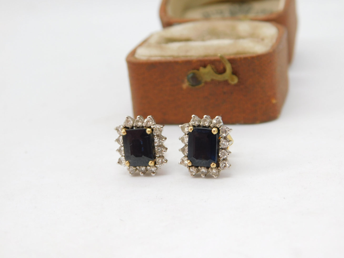 18ct Yellow Gold, Emerald Cut Sapphire & Diamond Stud Earrings Vintage c2000