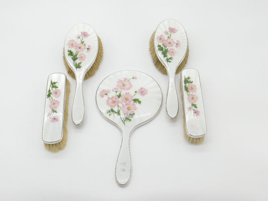 Sterling Silver & Floral Guilloche Enamel 5-Piece Vanity Set Mid-Century 1957