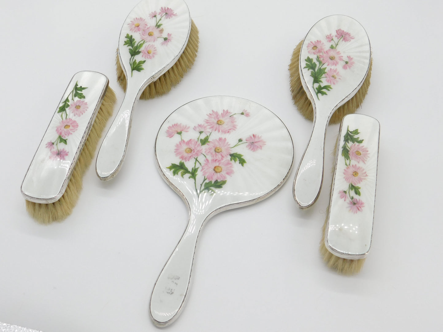 Sterling Silver & Floral Guilloche Enamel 5-Piece Vanity Set Mid-Century 1957