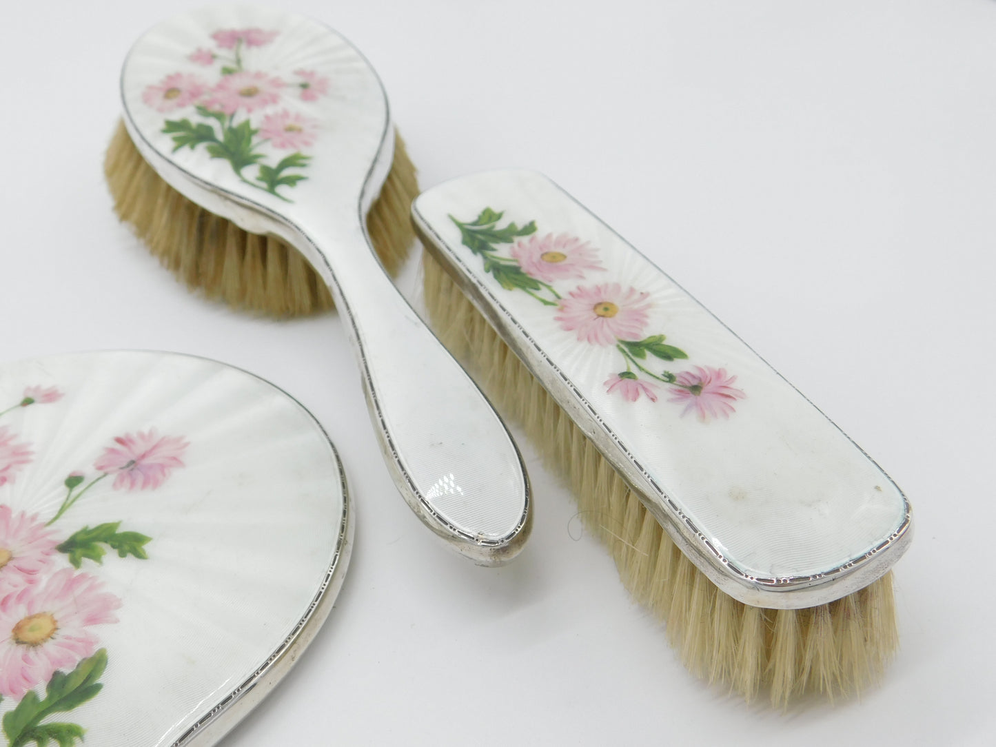 Sterling Silver & Floral Guilloche Enamel 5-Piece Vanity Set Mid-Century 1957