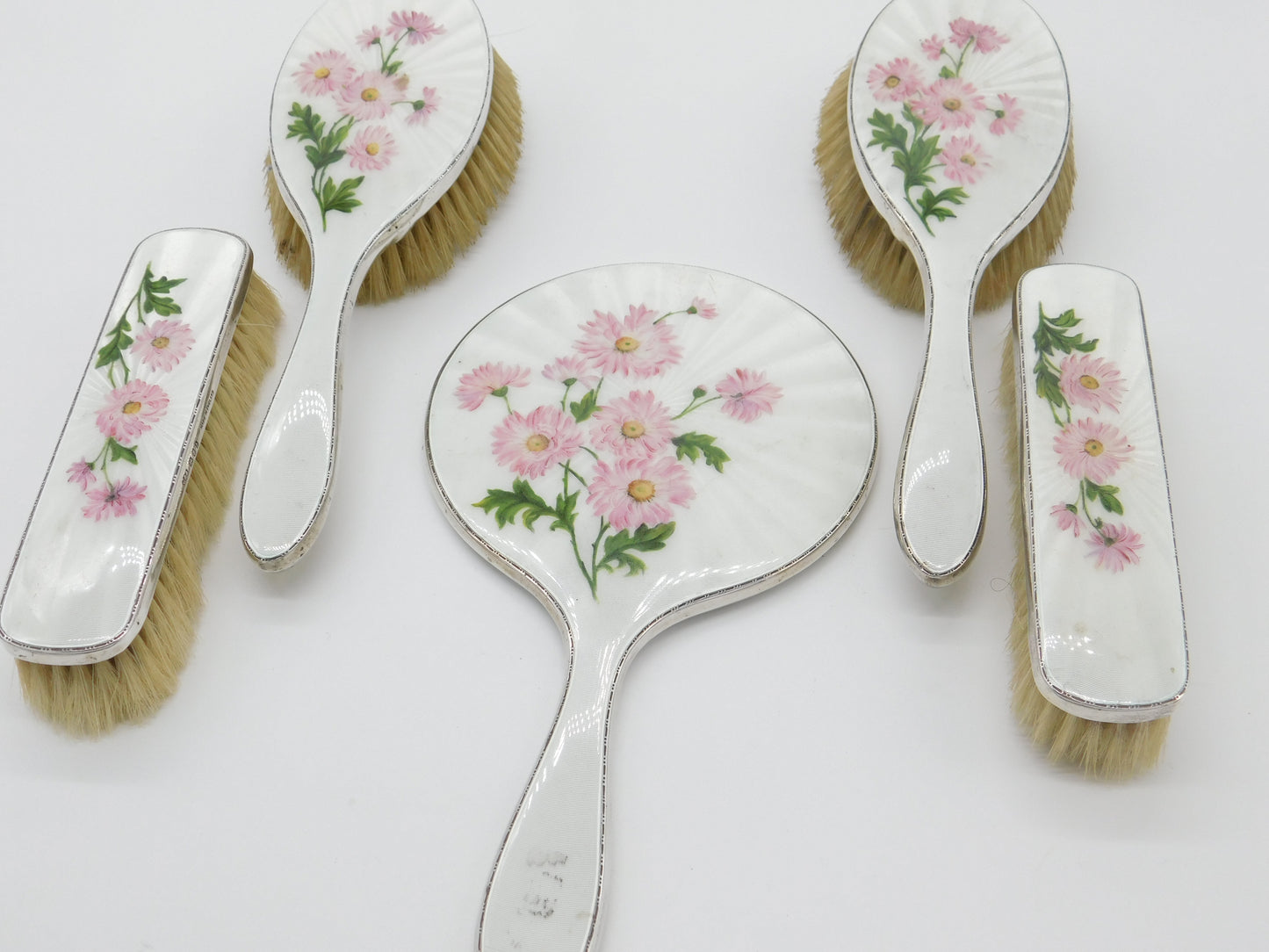 Sterling Silver & Floral Guilloche Enamel 5-Piece Vanity Set Mid-Century 1957