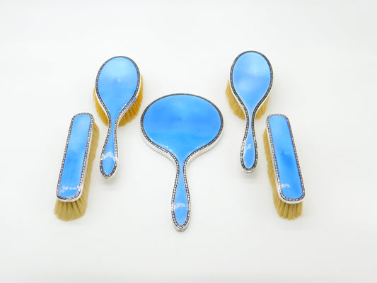 Sterling Silver & Blue Guilloche Enamel 5-Piece Vanity Set Antique 1931 Birmingham Art Deco