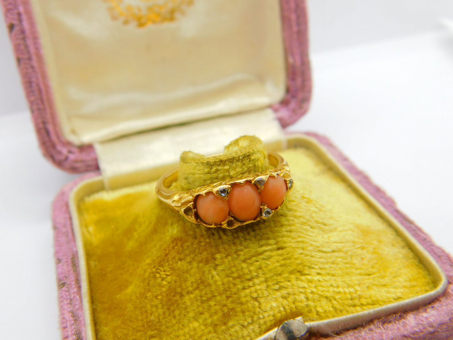 Victorian 18ct Yellow Gold, Red Coral & Diamond Band Ring Antique c1890