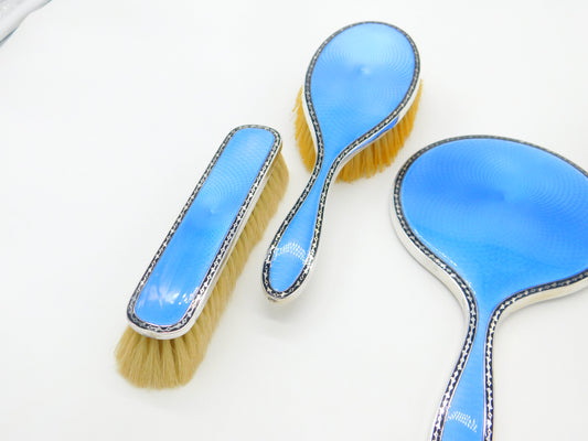 Sterling Silver & Blue Guilloche Enamel 5-Piece Vanity Set Antique 1931 Birmingham Art Deco