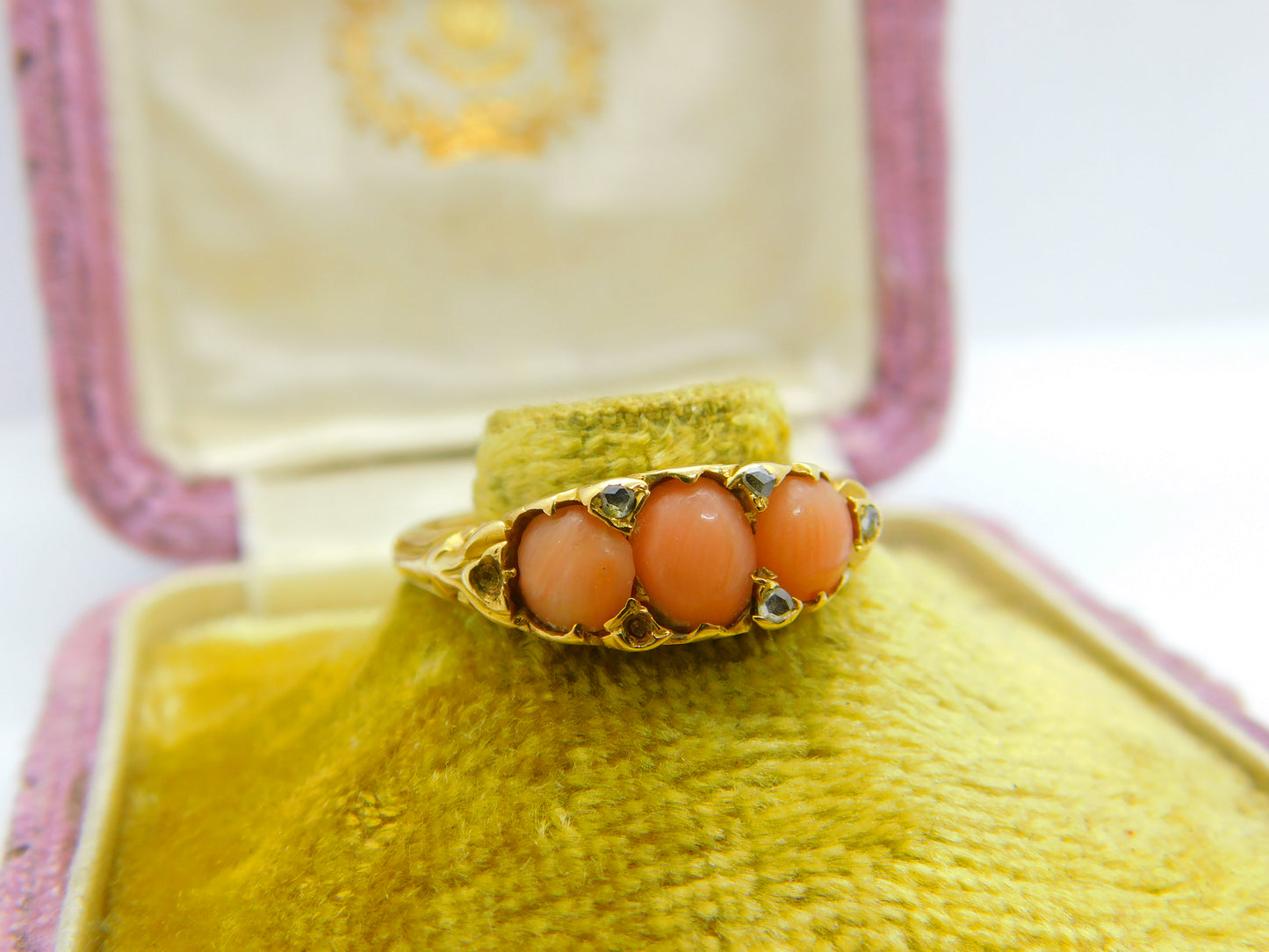 Victorian 18ct Yellow Gold, Red Coral & Diamond Band Ring Antique c1890