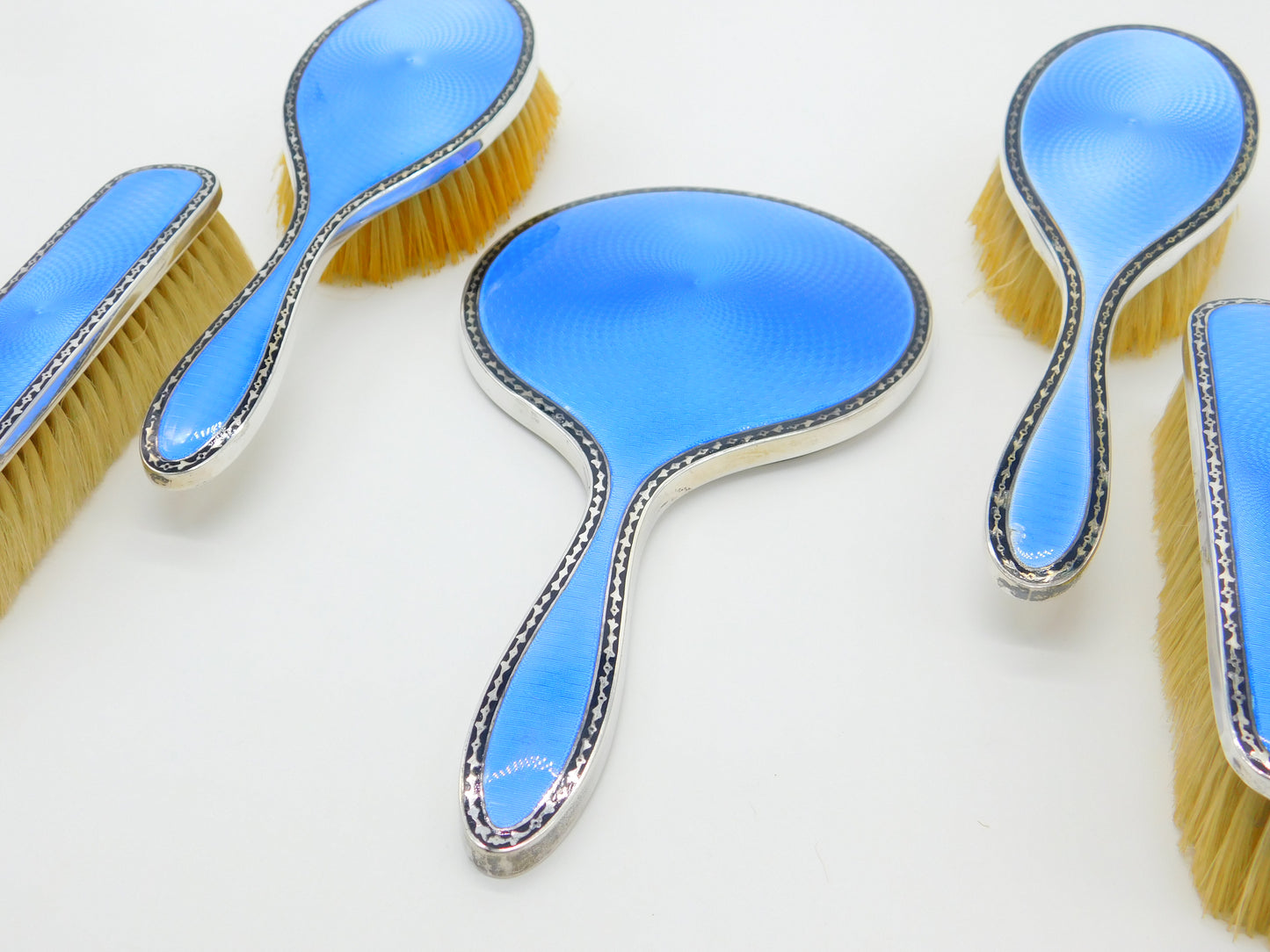 Sterling Silver & Blue Guilloche Enamel 5-Piece Vanity Set Antique 1931 Birmingham Art Deco